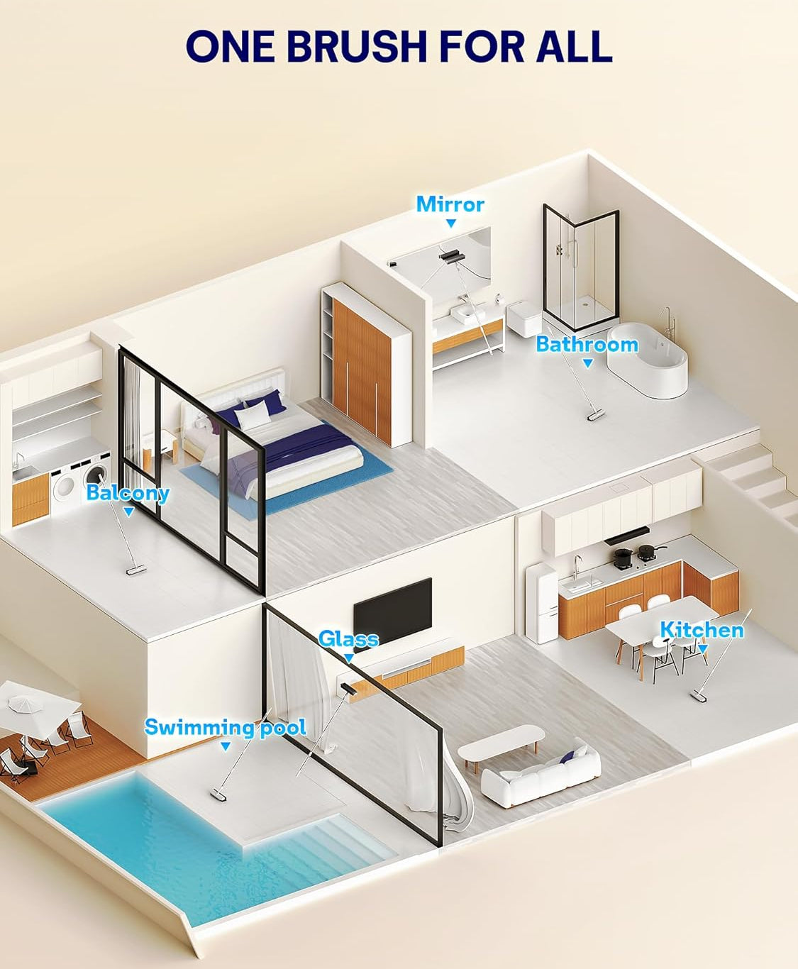 3D floor plan of a modern house with labeled rooms on a beige background.